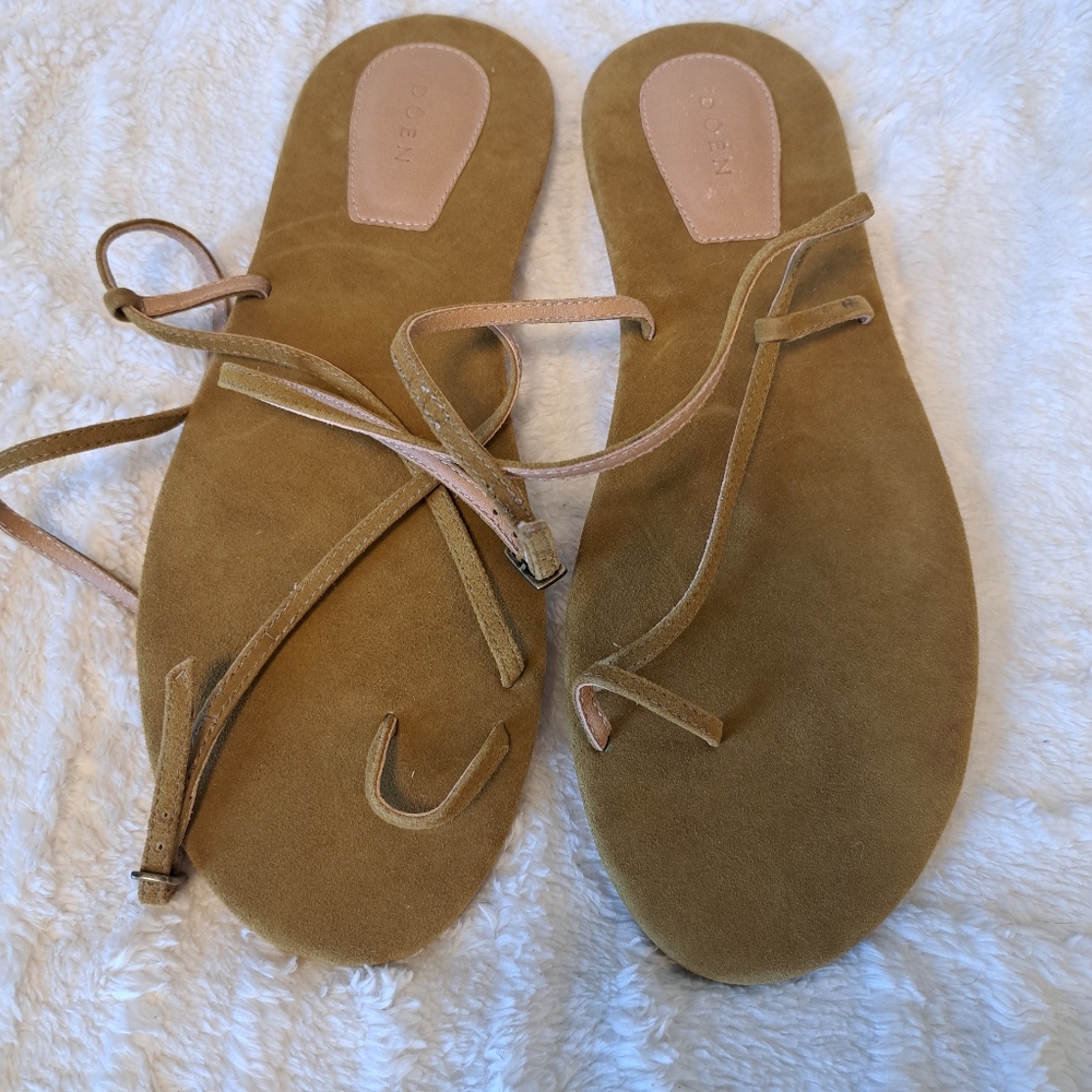 Doen Bare Sandals Strappy Leather Flat Toe Strap Minimalist Oak Tan Sz  41/ 10.5 - Picture 3 of 15